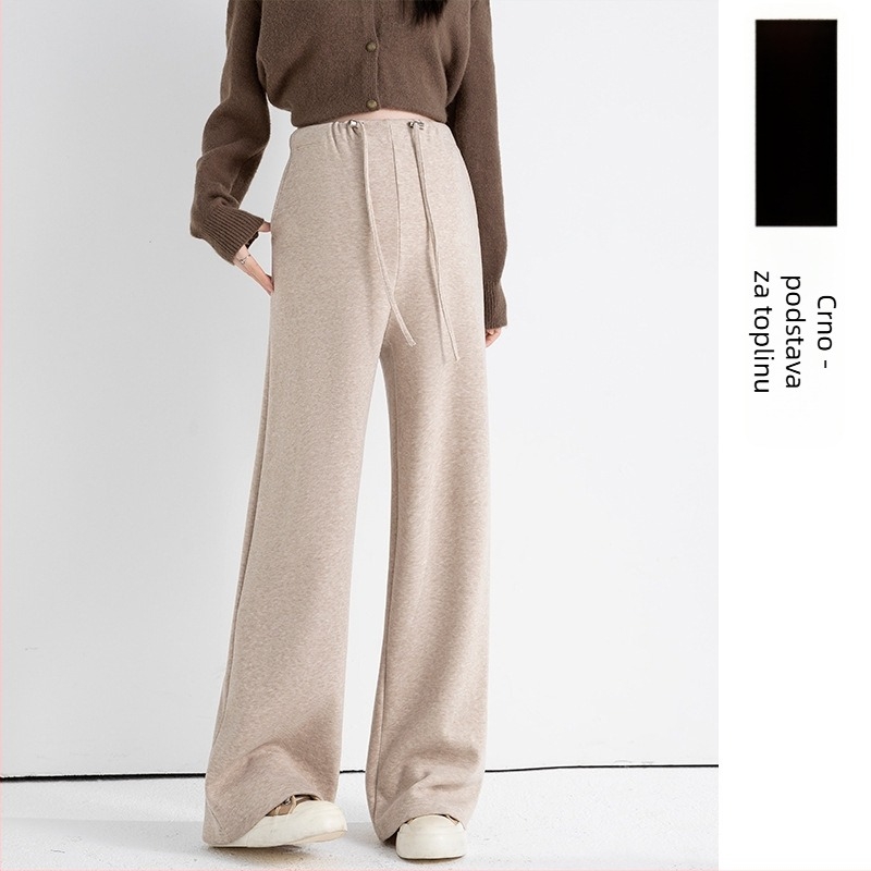 Trudničke hlače od imitacijskog kašmira, labav kroj, podrška trbuhu, podstavljene fleesom, s vezicom