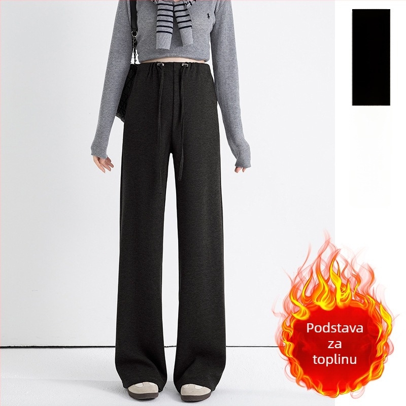 Trudničke hlače od imitacijskog kašmira, labav kroj, podrška trbuhu, podstavljene fleesom, s vezicom