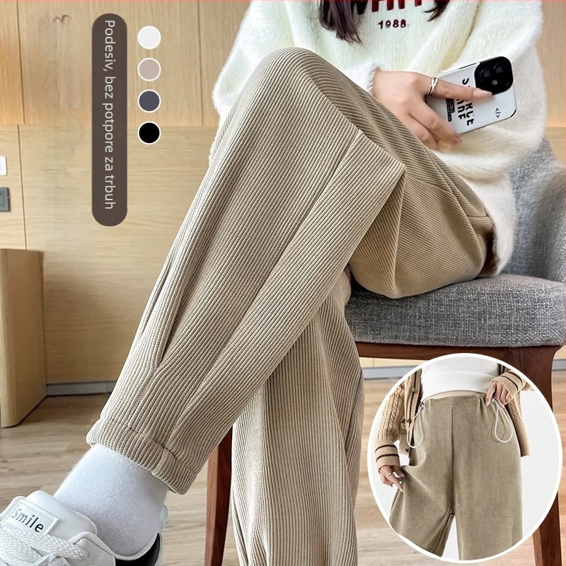 Trudničke hlače od chenilla s bočnim vezanjem, slobodan kroj Harem-Carrot, debeli flis iznutra, proljeće i jesen