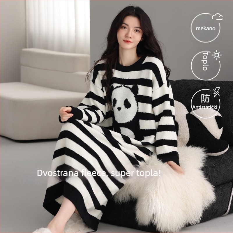 Tehničke noćne haljine za trudnice od polvelura s fleece podstavom, dugi rukavi, okrugli ovratnik, dugačak kroj