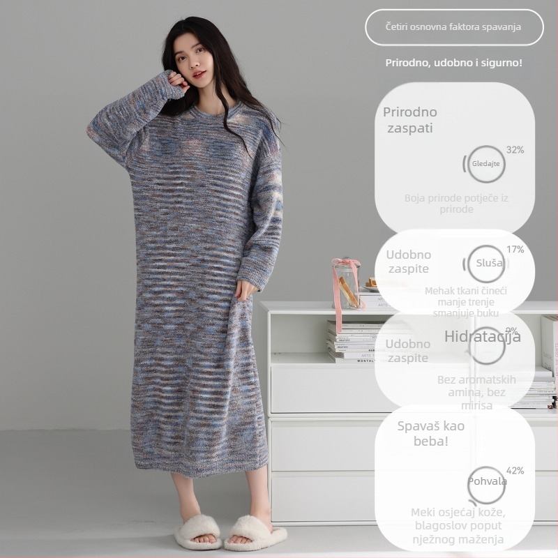 Tehničke noćne haljine za trudnice od polvelura s fleece podstavom, dugi rukavi, okrugli ovratnik, dugačak kroj