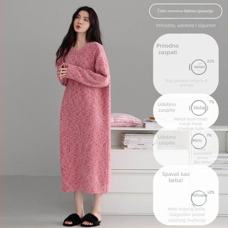 Tehničke noćne haljine za trudnice od polvelura s fleece podstavom, dugi rukavi, okrugli ovratnik, dugačak kroj