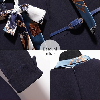 Profesionalna haljina za recepciju, poliester, jednofarbna, ovratnik šal, dugi rukavi, visoki struk, olovka kroj, midi duljina, zatvarač, proljeće 2025