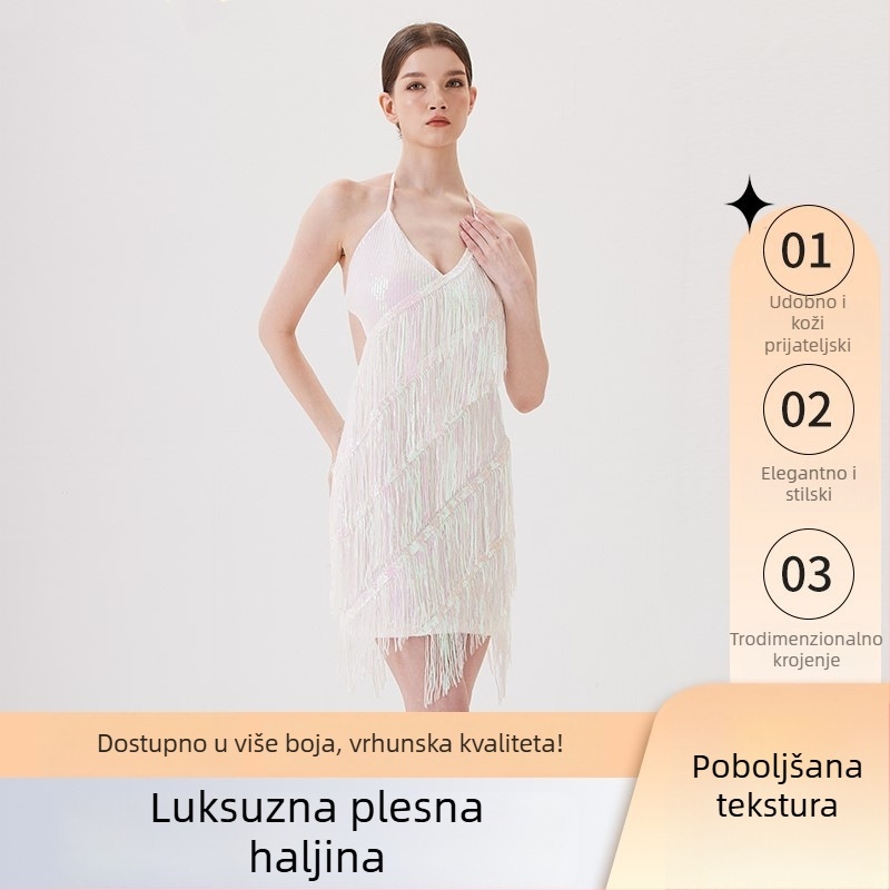 Elegantan set za latinski ples za žene — elegantan komplet sa suknjom s resicama i izšivenim detaljima, materijal poliester (>95%), triacetat (>95%), ljeto 2025