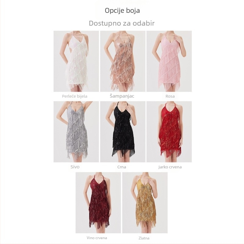 Elegantan set za latinski ples za žene — elegantan komplet sa suknjom s resicama i izšivenim detaljima, materijal poliester (>95%), triacetat (>95%), ljeto 2025