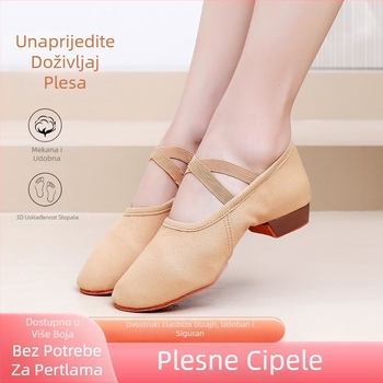 Ženske plesne cipele s 2 cm potpeticom – gornji dio od platna, đon od teleće tetive, lagane, za balet, moderni ples i latino ples, sve sezone