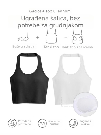 Halter- bez rukava kratki pleteni top s ugrađenim jastučićima za prsa, kratka majica, viskoza 95%+