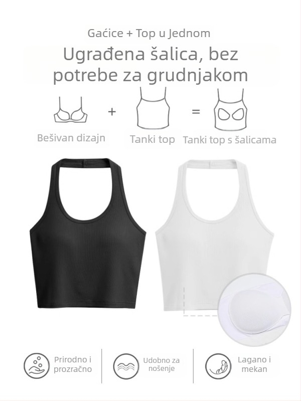 Halter- bez rukava kratki pleteni top s ugrađenim jastučićima za prsa, kratka majica, viskoza 95%+
