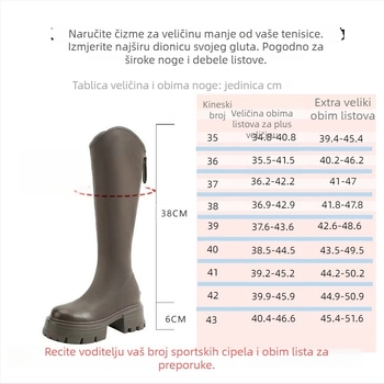 Ženske čizme s korejskim stilom iznad koljena, gornji materijal mikrovlakno, 6–8 cm debeli pet, zatvaranje straga
