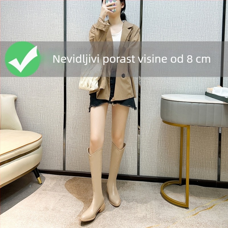 Ženske viteške čizme – visoki štit, vamp od dvostruke kože govedine, kožna podstava, gumena pot, unutarnja visina povećavajuće potpetice 3–5 cm, zašiljeni vrh