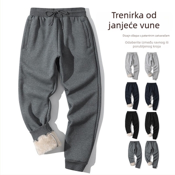 Zimske muške sportske hlače od pamuka s fleece podstavom, opuštenog kroja, širokih nogavica, srednje visine struka, remen