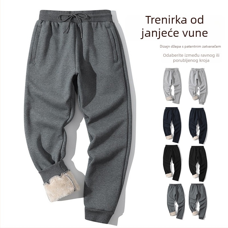 Zimske muške sportske hlače od pamuka s fleece podstavom, opuštenog kroja, širokih nogavica, srednje visine struka, remen