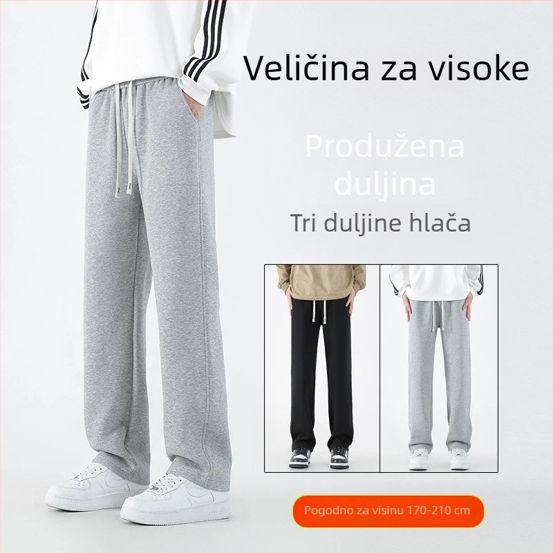 Muške sportske udobne hlače s flisom iznutra, ravni kroj, srednji pojas, vezanje, debela tkanina od poliestera