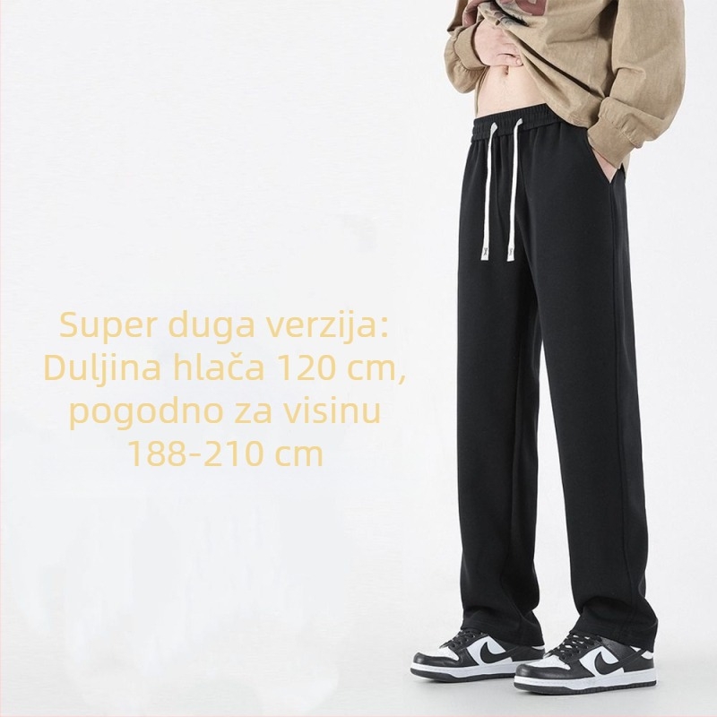Muške sportske udobne hlače s flisom iznutra, ravni kroj, srednji pojas, vezanje, debela tkanina od poliestera