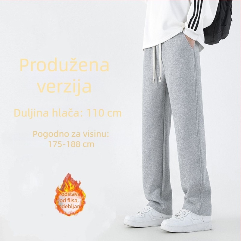 Muške sportske udobne hlače s flisom iznutra, ravni kroj, srednji pojas, vezanje, debela tkanina od poliestera