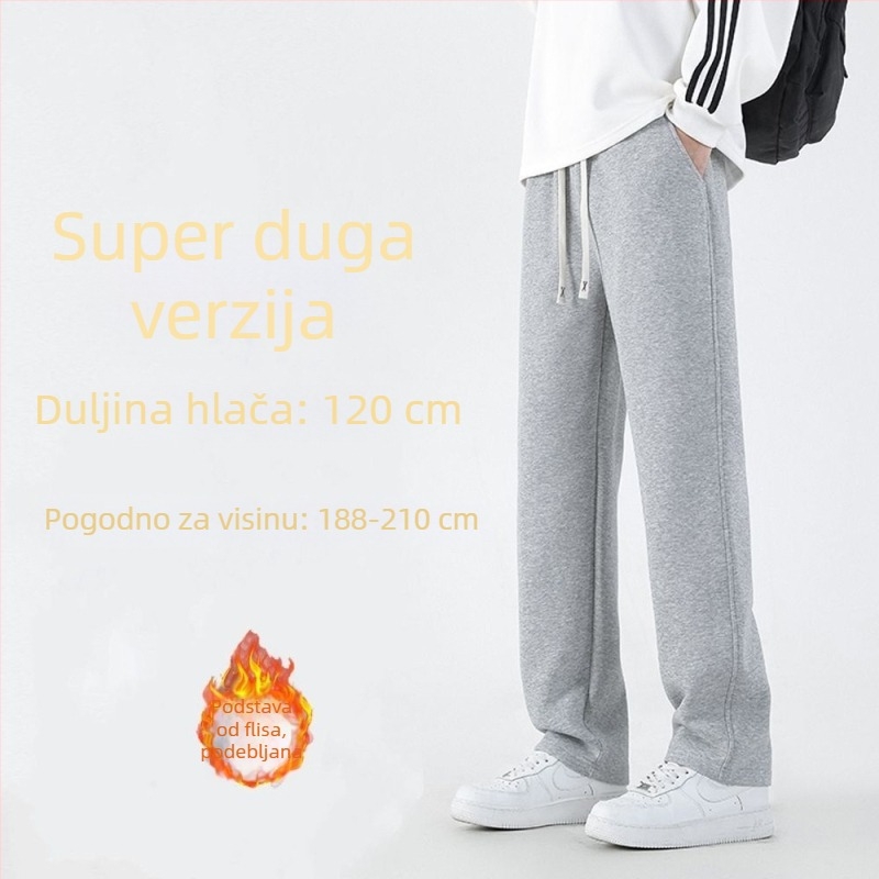 Muške sportske udobne hlače s flisom iznutra, ravni kroj, srednji pojas, vezanje, debela tkanina od poliestera