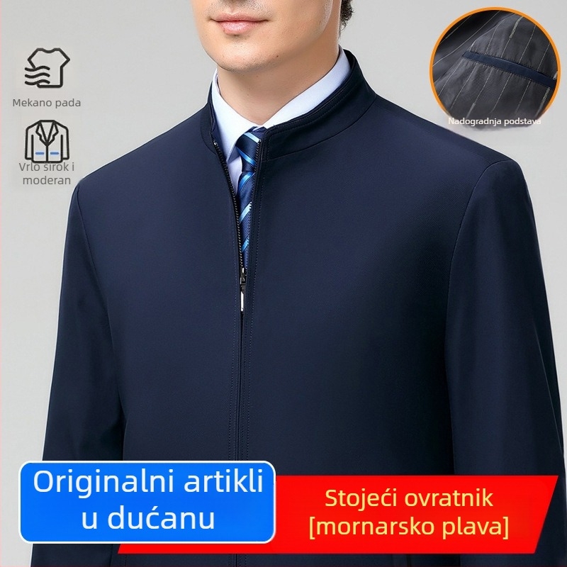 Vjetrovita jakna za proljeće i jesen za muškarce srednje i starije dobi, poslovno casual stil, s reverom i višestrukim džepovima.