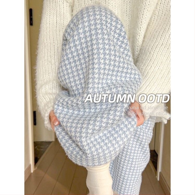 Ženske široke hlače od lambswool s uzorkom Houndstooth, jesen–zima 2025, casual, za niski rast