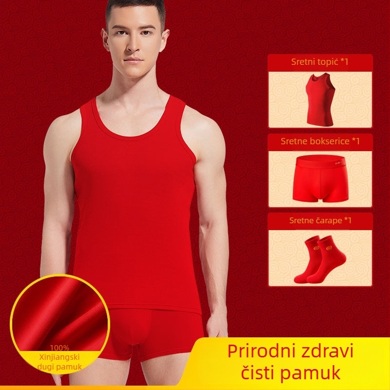 Muški crveni pamučni set donjeg rublja za Godinu konja, uključuje crvenu vestu, donje rublje i čarape
