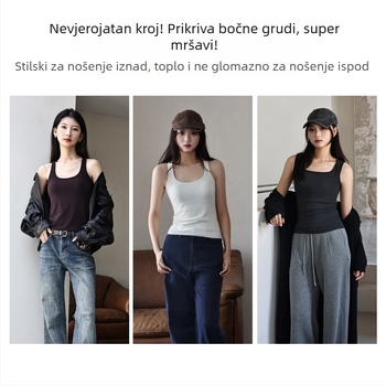 Ženski top od ovčje vune s umetnim jastučićima za grudi, topao sloj za jesen/zimu, široke naramenice, U-izrez, bez rukava, uski kroj