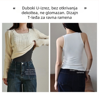 Ženski top od ovčje vune s umetnim jastučićima za grudi, topao sloj za jesen/zimu, široke naramenice, U-izrez, bez rukava, uski kroj