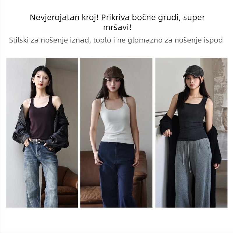 Ženski top od ovčje vune s umetnim jastučićima za grudi, topao sloj za jesen/zimu, široke naramenice, U-izrez, bez rukava, uski kroj