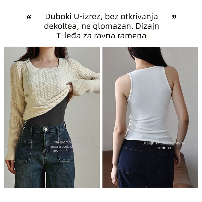 Ženski top od ovčje vune s umetnim jastučićima za grudi, topao sloj za jesen/zimu, široke naramenice, U-izrez, bez rukava, uski kroj