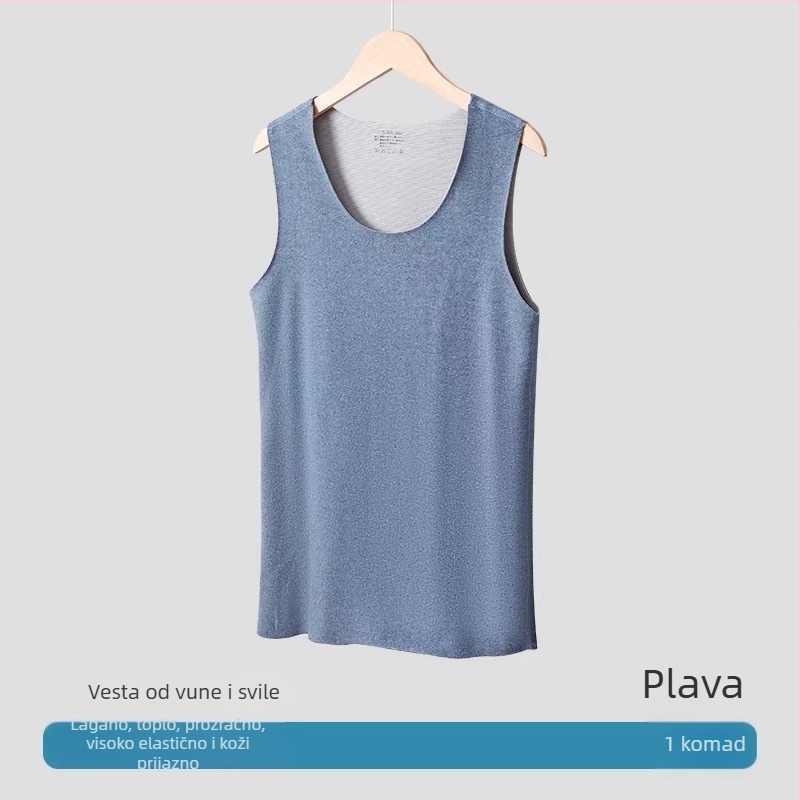 Topli vuneni svilenkasti prsluk, dvostruki melirani materijal, fleece podstava, okrugli ovratnik, debeli materijal 201-250 g/m², 90-95% poliestera.