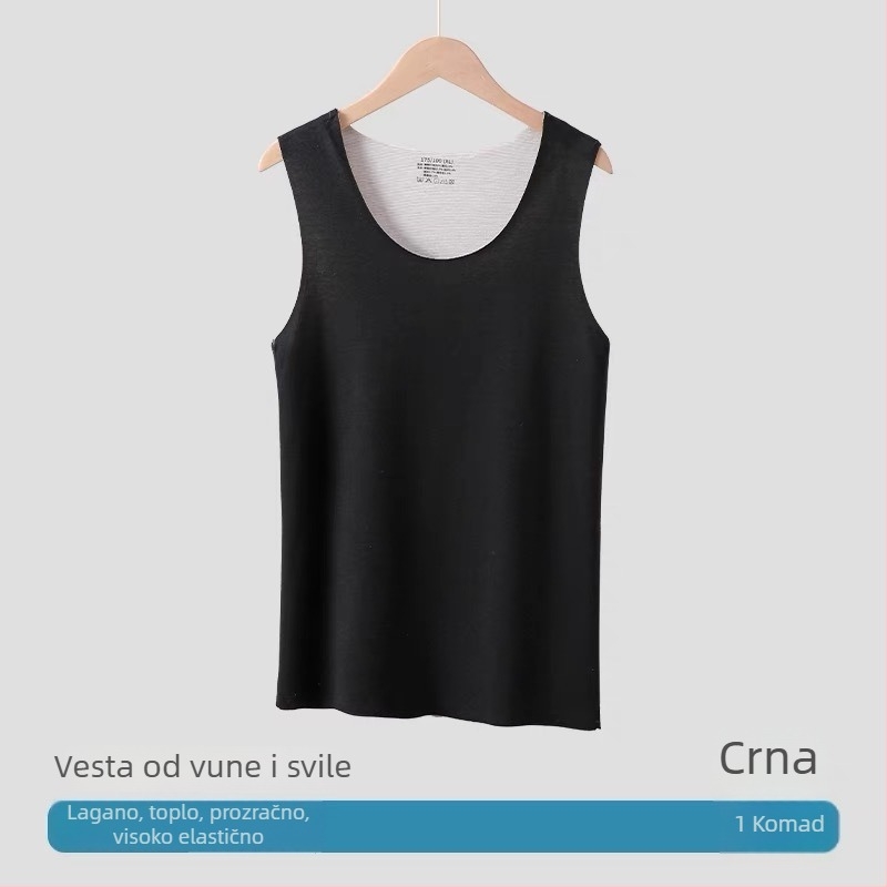 Topli vuneni svilenkasti prsluk, dvostruki melirani materijal, fleece podstava, okrugli ovratnik, debeli materijal 201-250 g/m², 90-95% poliestera.