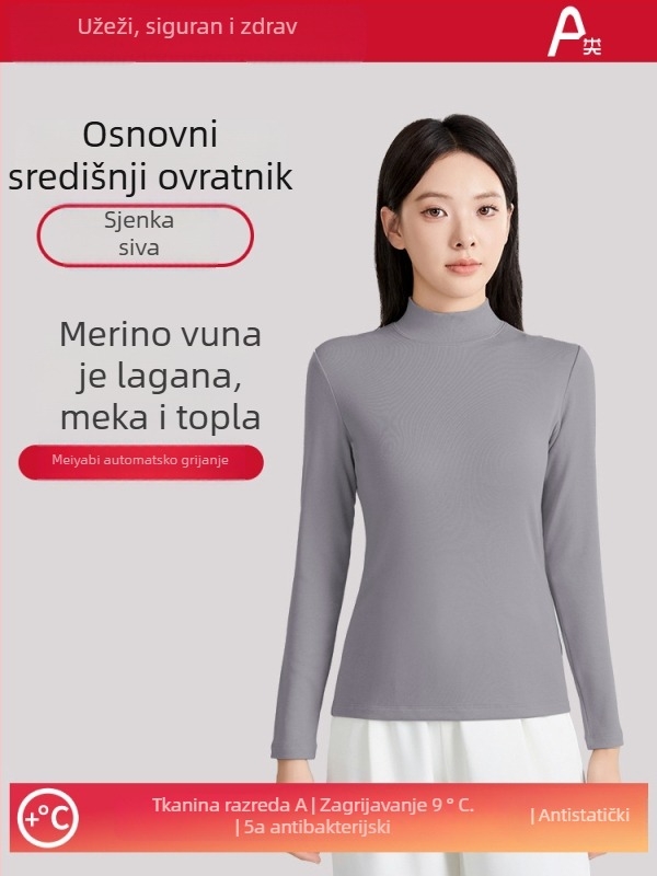 Ženski vuneni termalni bazni gornji sloj s polugornjem, dugi rukavi, debeli materijal 251–300 g/m², antibakterijski