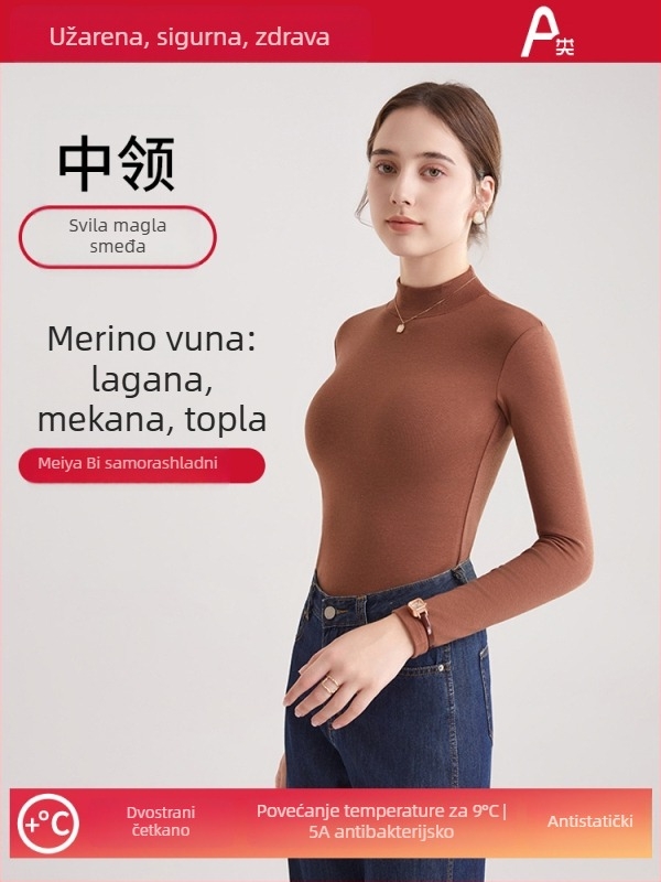 Ženski vuneni termalni bazni gornji sloj s polugornjem, dugi rukavi, debeli materijal 251–300 g/m², antibakterijski