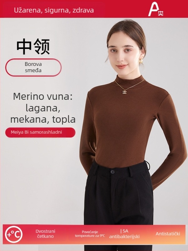 Ženski vuneni termalni bazni gornji sloj s polugornjem, dugi rukavi, debeli materijal 251–300 g/m², antibakterijski