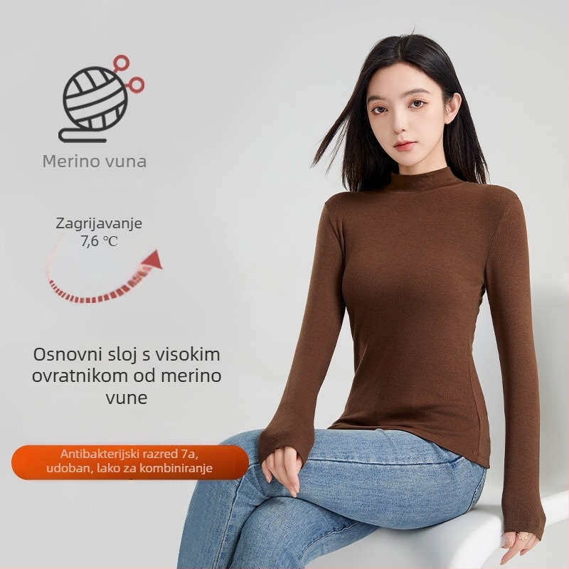 Ženski vuneni termalni bazni gornji sloj s polugornjem, dugi rukavi, debeli materijal 251–300 g/m², antibakterijski