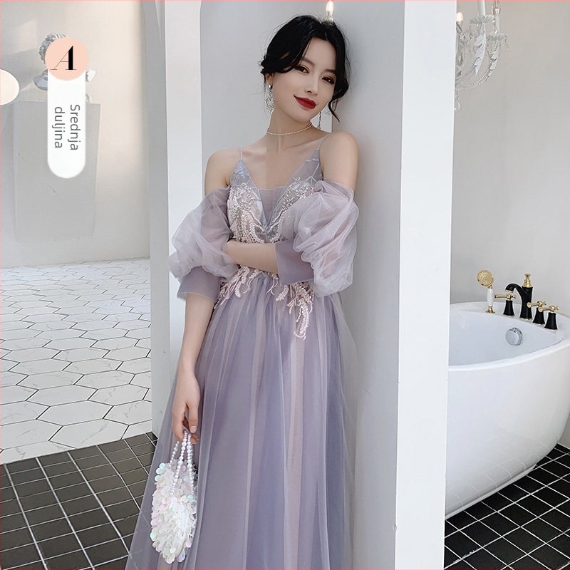 Djeveruša haljina, A-linija silueta, ramenski stil, polovični rukav, duga haljina