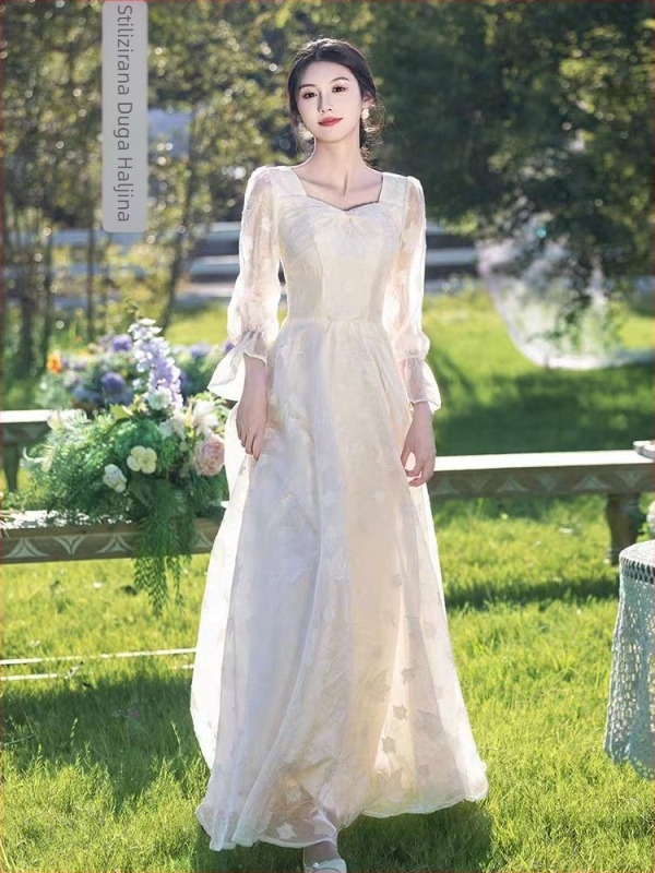 Haljina djeveruše — elegantan stil, dugi rukavi, kvadratni izrez, A-kroj, poliester s elastanom, 2025