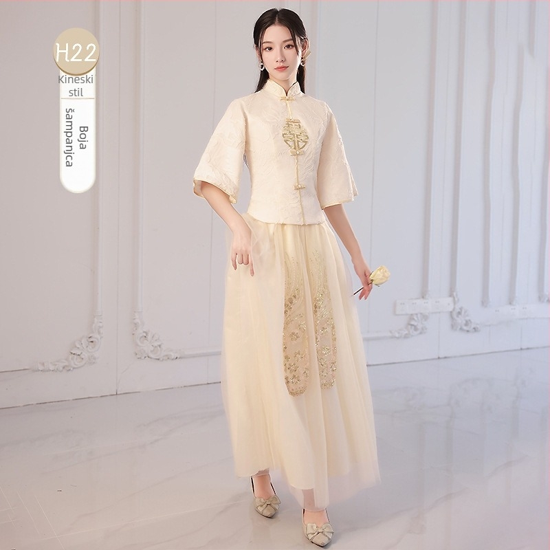 Haljina za kumu u kineskom stilu, dugi rukav, duga suknja, srednji struk, stojeći ovratnik