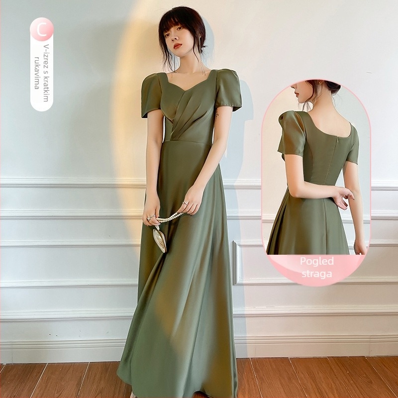 Saten haljina za djeveruše, duga, princ stil, uski struk, poliester saten