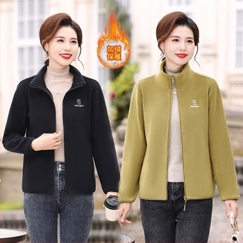 Ženski kardigan od polar fleece sa stojećim ovratnikom, zatvaračem, kratkom dužinom, dugim rukavima, ravna linija