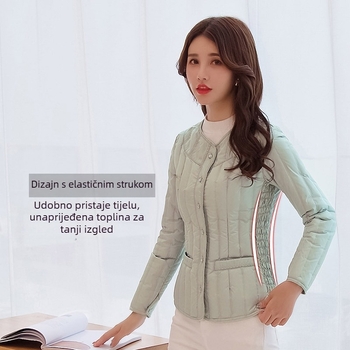 Ženska uska jakna s punom od bijelog patka – bez ovratnika, srednje duljine, dugi rukavi, poliester tkanina