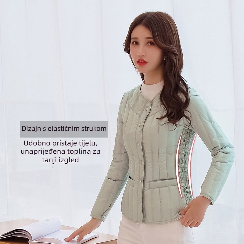 Ženska uska jakna s punom od bijelog patka – bez ovratnika, srednje duljine, dugi rukavi, poliester tkanina