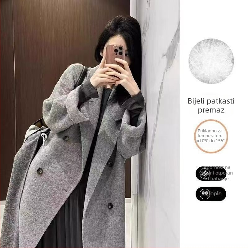 Ženski vuneni kaput s podstavom od perja — (Chenille tkanina; mješavina spandeksa; labav kroj; rukavi 3/4; ovratnik sakou)