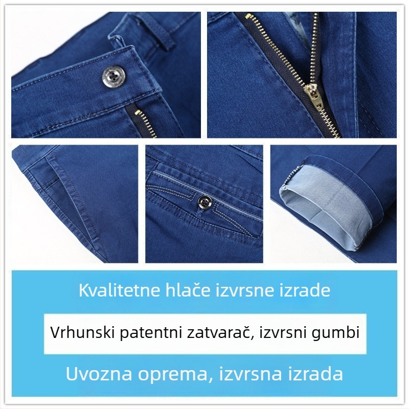 Muške lagane traperice od pamuka s elastinom za proljeće-ljeto, visoki pojas, slobodan prav kroj, velika veličina