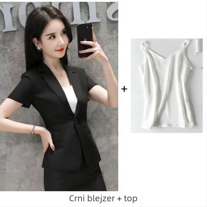 Ženski ljetni kostim s suknjom i sakoom – kratkim rukavima, uredski stil, rayon tkanina, proljeće 2025