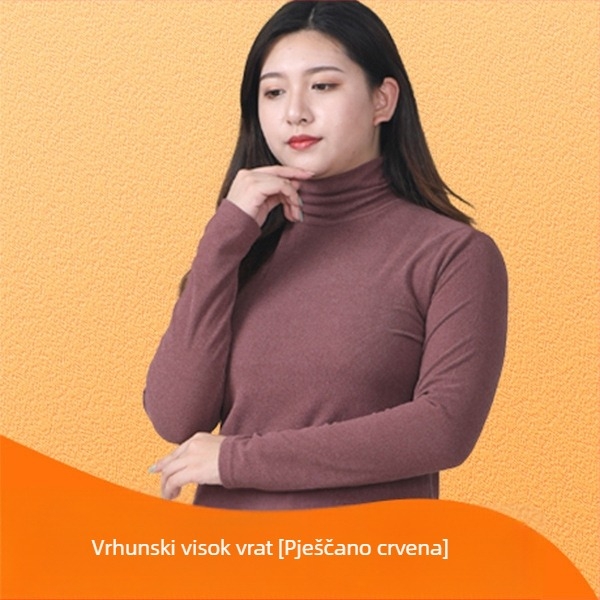 Ženski pleteni top s visokim ovratnikom od velura, uska silueta, dugi rukavi, poliester s elastanom