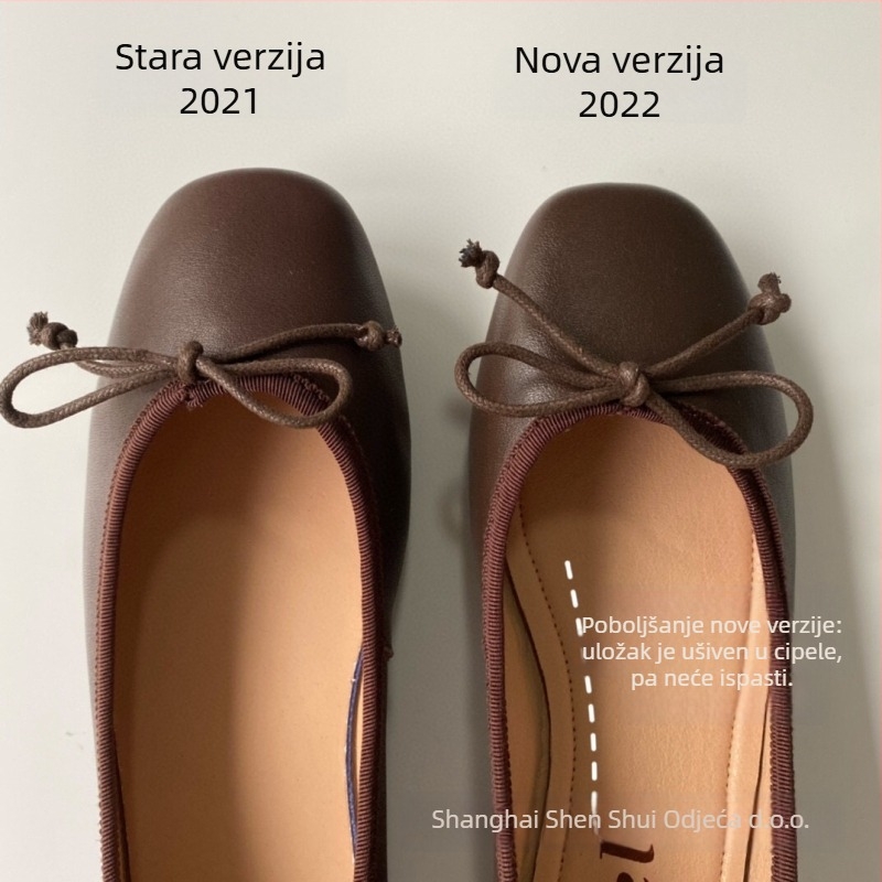 Ženske balerinke od prave kože, korejski stil, okrugli vrh, niski potpetica 1–3 cm, gumeni đon