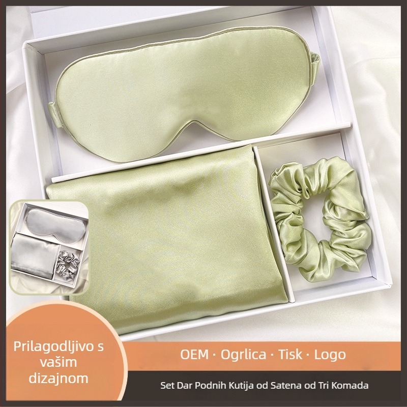 Set svilenih maski za oči, svilenkasta gumica za kosu i set jastučnica — 100% svila, satenski pletenina, reaktivno bojanje, modernan minimalistički darovni set