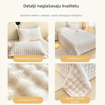 Plišani set posteljine od zaječine dlake i odgovarajući plišani pokrivač za jednokrevetni krevet, zimski velur boje mlijeka i koralni fleece