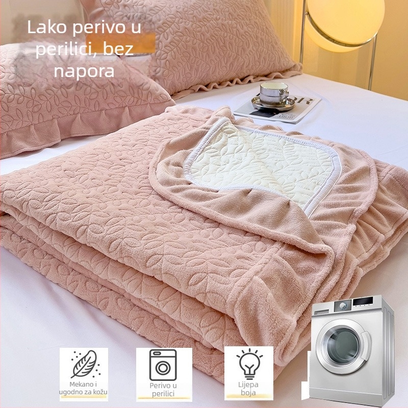 Navlaka za krevet od mliječnog velura s čipkom, zimska toplina, koralna flanel, tatami stil, debeli protuklizni trodijelni set