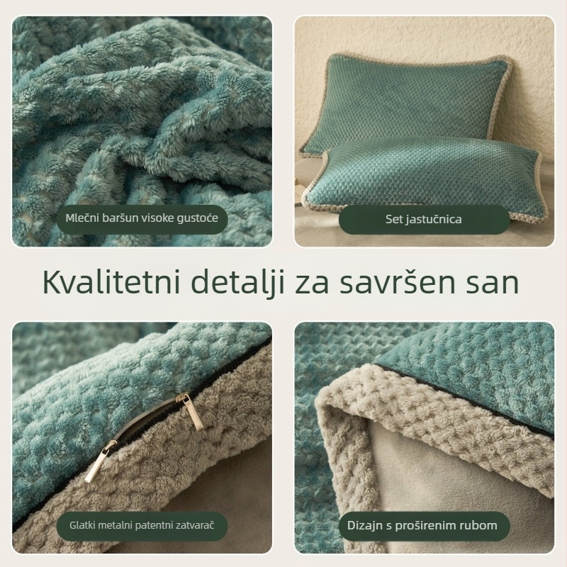 Set posteljine od mliječno velur i koralnog flisa, četiri dijela, navlaka za deku od zimskog flanela, jednobojan, modern minimalistički stil