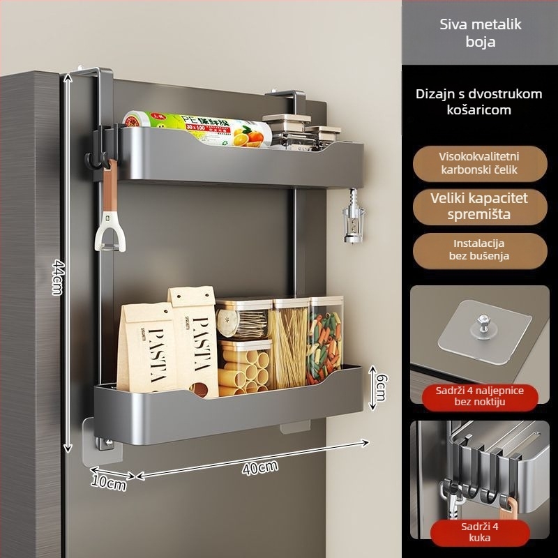 Bočni regał hladnjaka - bez bušenja, višeslojni kovni organizator za začine i foliju za zamatanje